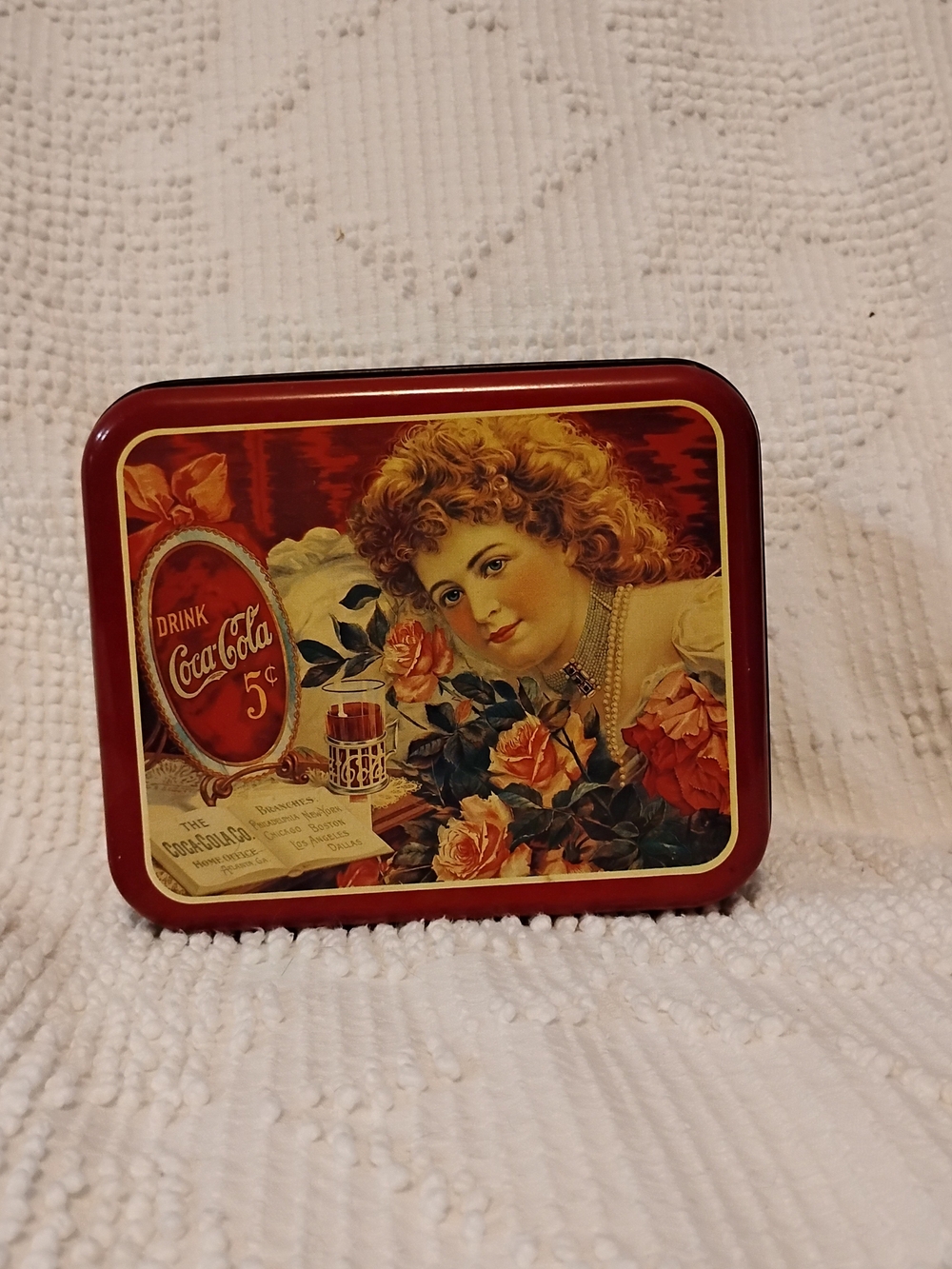 Coca-Cola Coke Vintage 6 in. Square Tin Decor Woman Floral Logo